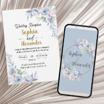 Elegante Desc de Invitación a Boda Floral Azul Lig