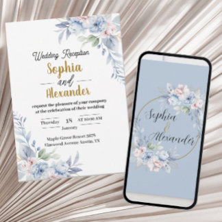 Elegante Desc de Invitación a Boda Floral Azul Lig