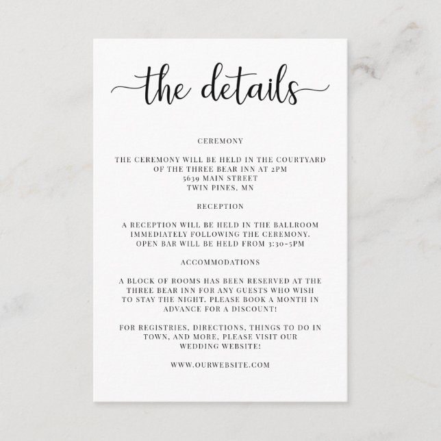 Elegante Detalles de Boda Invitación Insertar (Anverso)