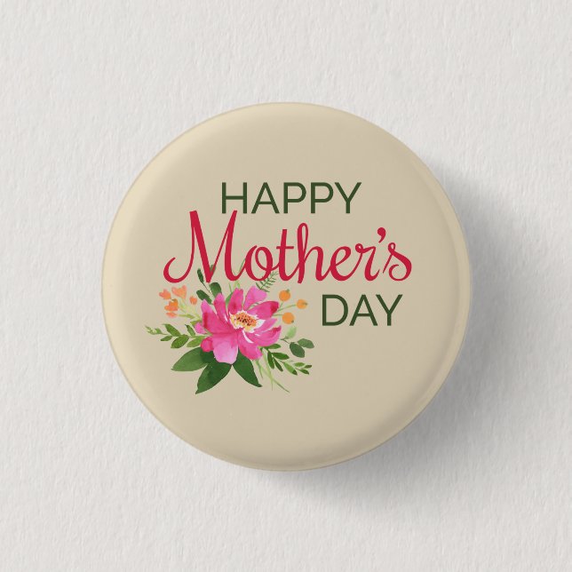 Elegante Día Floral Feliz de la Madre| Botón Pin (Anverso)