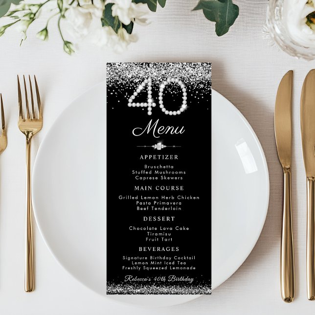 Elegante Diamantes 40 cumpleaños menú plano (Diamonds 40th Birthday Party Menu Card)