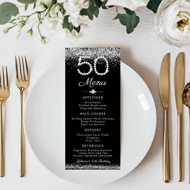 Elegante Diamantes 50 cumpleaños menú plano (Elegant Diamonds 50th Birthday Menu Card)