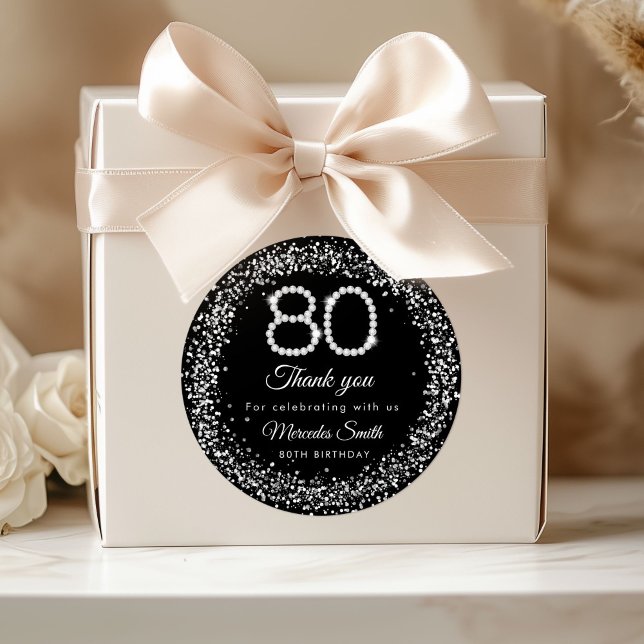 Elegante Diamantes 80 cumpleaños Gracias Pegatina (Silver Diamonds 80th Birthday Thank you Favor Stickers)