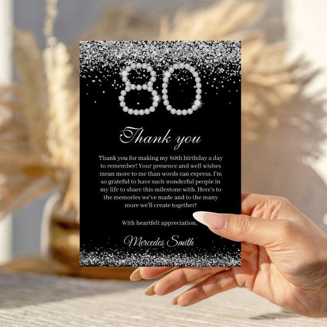 Elegante Diamantes 80 cumpleaños Tarjeta de agrade (Silver Diamond 80th Birthday Thank you card)