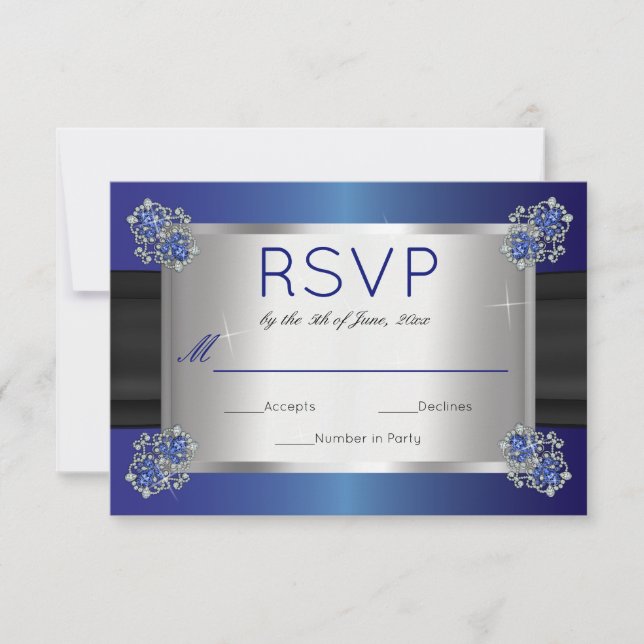 Elegante Diamantes Clases de Zafiro Boda Azul RSVP (Anverso)