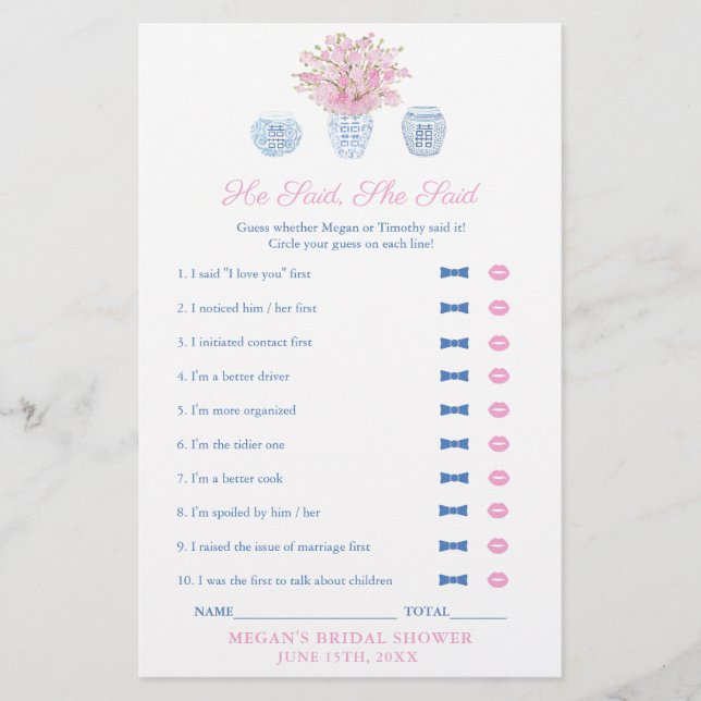 Elegante Dijo Que Dijo Tarjeta De Juego De Ducha D (Anverso)