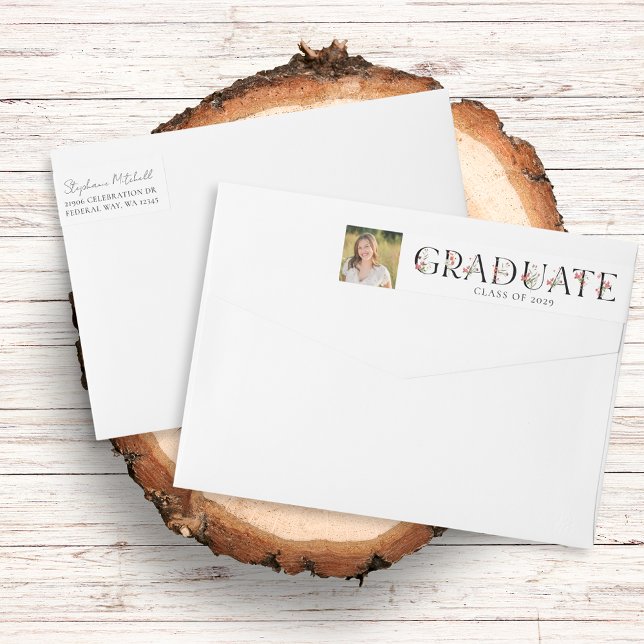 Elegante dirección de retorno de foto de flor silv (Elegant Wildflower Photo Graduation Return Address Wrap Around Label)