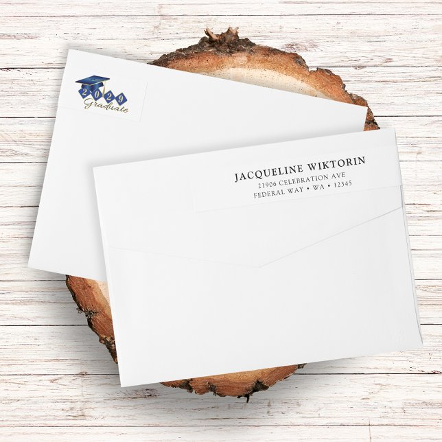 Elegante dirección de retorno de graduación de oro (Elegant Blue Gold Graduation Return Address Wrap Around Label)