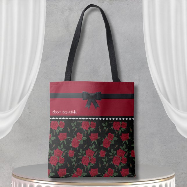 Elegante diseño clásico de la bolsa de tote rojo y (Elegant Red and Black Rose Tote Bag Classic Design)