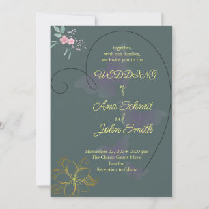 Elegante diseño de tarjeta floral y boda de corazó