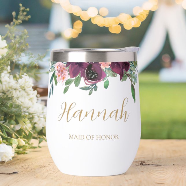 Elegante doncella de honor floral personalizada (Personalized Elegant Floral Maid of Honor Wine Tumbler- The perfect gift to say thank you!)