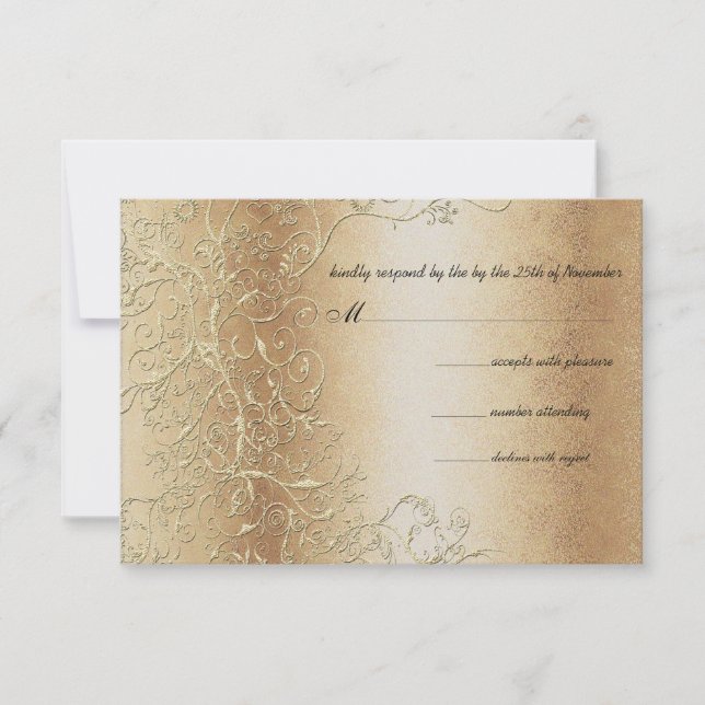 Elegante dorado Swirls Black Font Wedding RSVP (Anverso)
