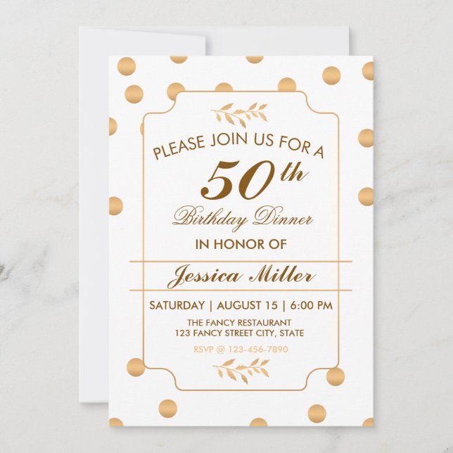 Elegante Dot de Polka de Oro Invitación a los 50 A (Anverso)