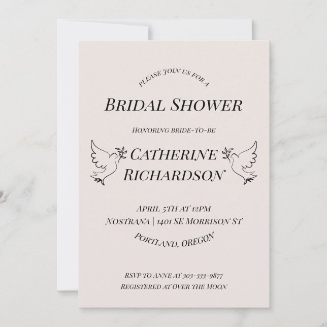 Elegante Dove Bridal Shower Invitación (Anverso)