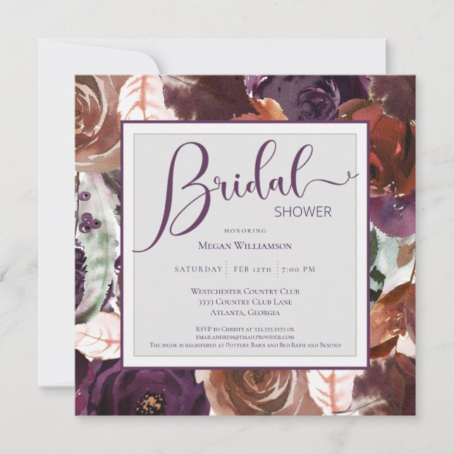 Elegante Ducha Bridal Invitación Purple Floral (Anverso)