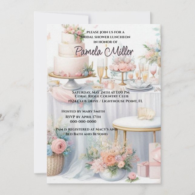 Elegante ducha de novia rosa Invitación al almuerz (Anverso)