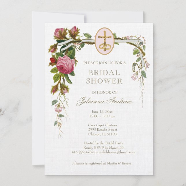 Elegante ducha nupcial Invitación de Rosas católic (Anverso)