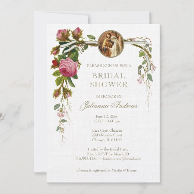Elegante ducha nupcial Invitación de Rosas católic (Anverso)