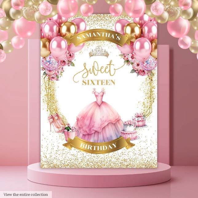 Elegante dulce 16 Tapiz Purpurina de oro rosado Ba (Stylish Sweet 16 Tapestry Pink Gold Glitter Balloons)