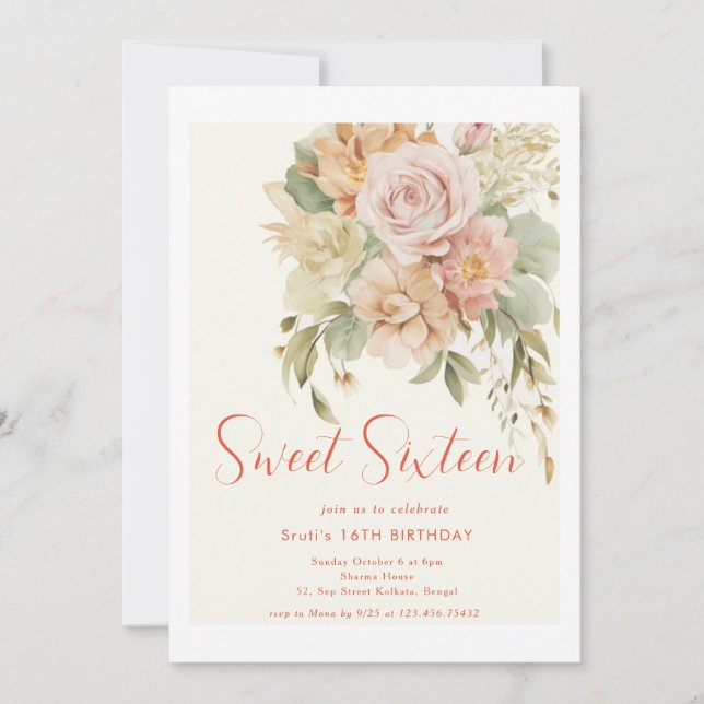 Elegante Dulce Floral 16 Tarjeta de Invitación de  (Anverso)