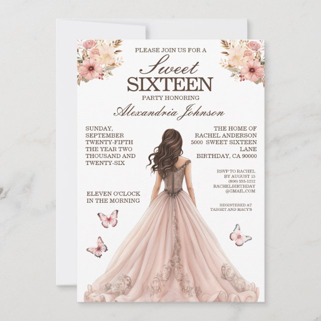 Elegante Dulce Rosa 16 Invitaciones De Vestido Agr (Anverso)