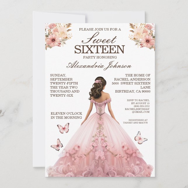 Elegante Dulce Rosa 16 Invitaciones De Vestido Agr (Anverso)