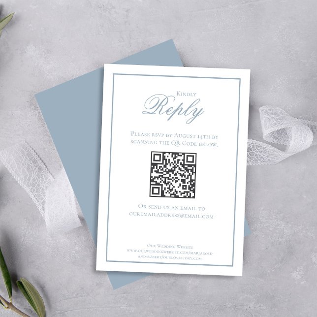 Elegante Dusty Blue Calligraphy Script RSVP (Elegant dusty blue rsvp card with scannable QR code. )