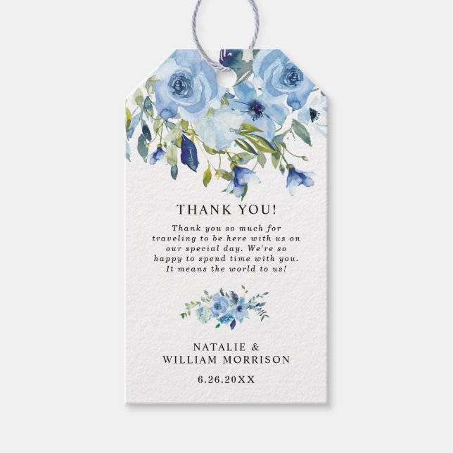 Elegante Dusty Blue Floral Boda etiqueta de regalo (Anverso)