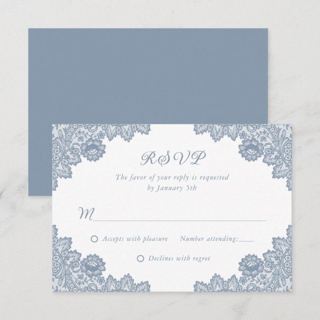 Elegante Dusty Blue Floral Lace Wedding RSVP (Anverso / Reverso)