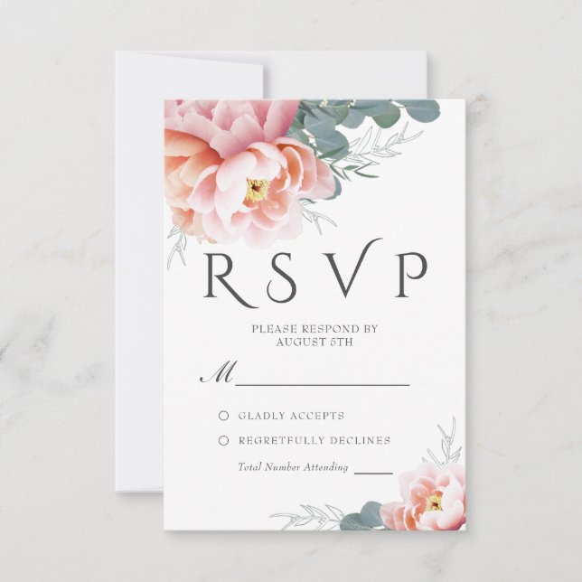 Elegante Dusty Blue Floral Rubor Wedding RSVP (Anverso)