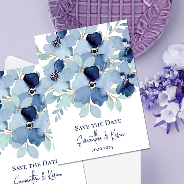 Elegante Dusty Blue Floral Save the Date Card (Pretty Stale Blue Floral Wedding Save The Date Invitation)
