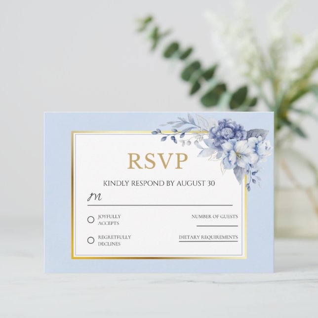 Elegante Dusty Blue gold Floral Wedding Tarjeta RS (Anverso de pie)