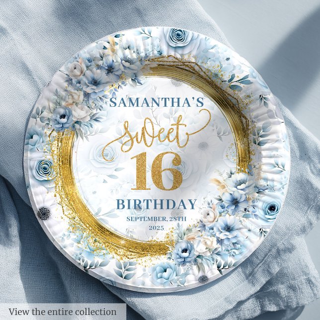 Elegante Dusty Blue Sweet 16 Platos Purpurinas de  (Stylish Dusty Blue Sweet 16 Gold Glitter Plate Decor)