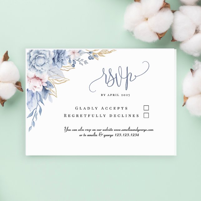 Elegante Dusty Blue Watercolor Floral Wedding RSVP (Subido por el creador)