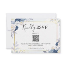 Elegante Dusty Blue y Gold Floral Rsvp Qr Code