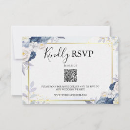 Elegante Dusty Blue y Gold Floral Rsvp Qr Code