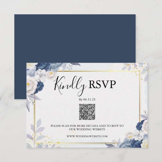 Elegante Dusty Blue y Gold Floral Rsvp Qr Code (Anverso / Reverso)