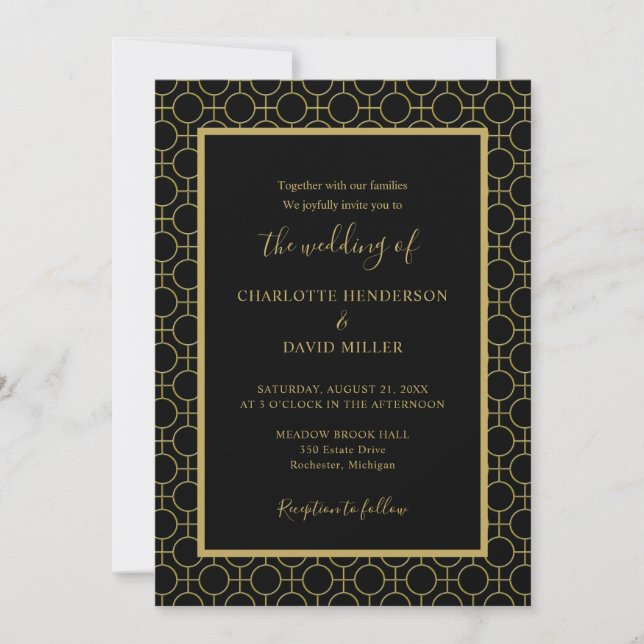 Elegante e moderna invitación a la boda de oro y n (Anverso)
