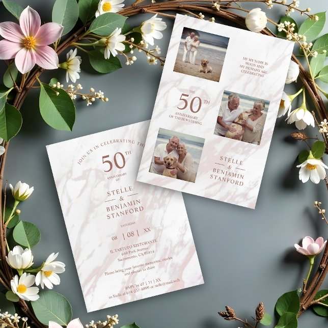 Elegante efecto de mármol rosa Collage de tres fot (Pink Marble Three Photos All Wedding Anniversary Announcement.)