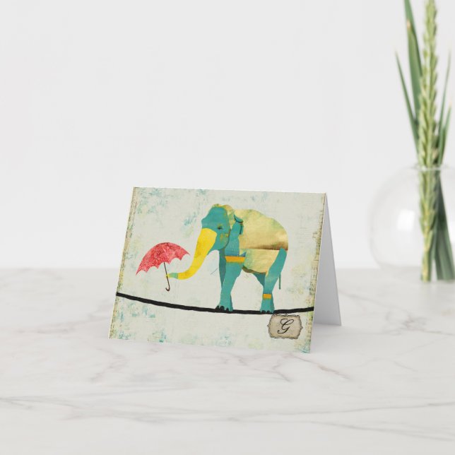 Elegante elefante dorado Monograma Notecard (Anverso)