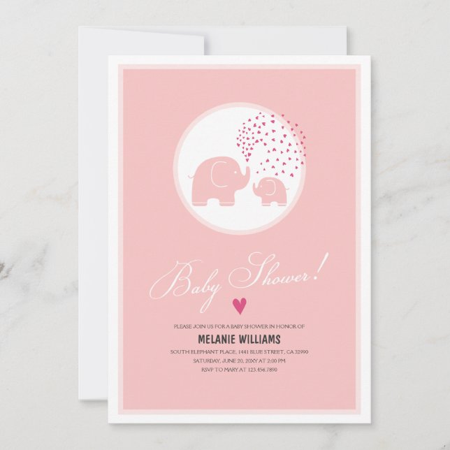 Elegante Elefantes Rosa Invitación a la ducha para (Anverso)