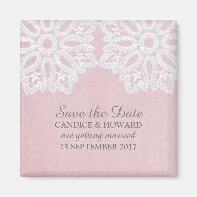 Elegante encaje rosa salva el imán de fecha (Frente)