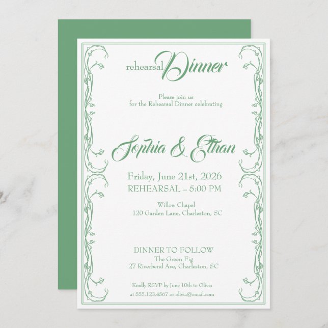 Elegante Ensayo Invitación a la Cena - Rosa Verde  (Anverso / Reverso)