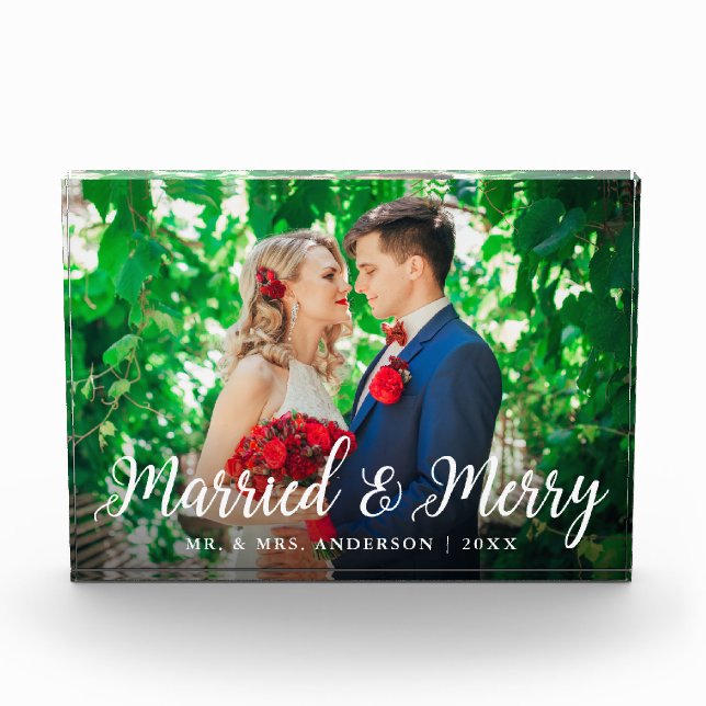 Elegante escritura Casados y Alegres Foto Boda (Anverso)