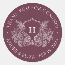 Elegante Escudo Borgoña Monograma Boda Pegatina