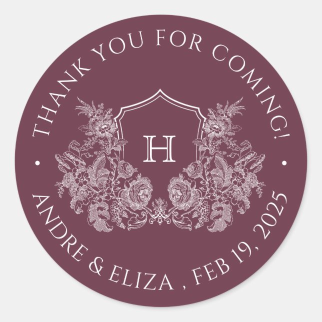 Elegante Escudo Borgoña Monograma Boda Pegatina (Anverso)