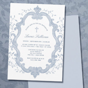 Elegante Escudo de follaje azul invitación al baut
