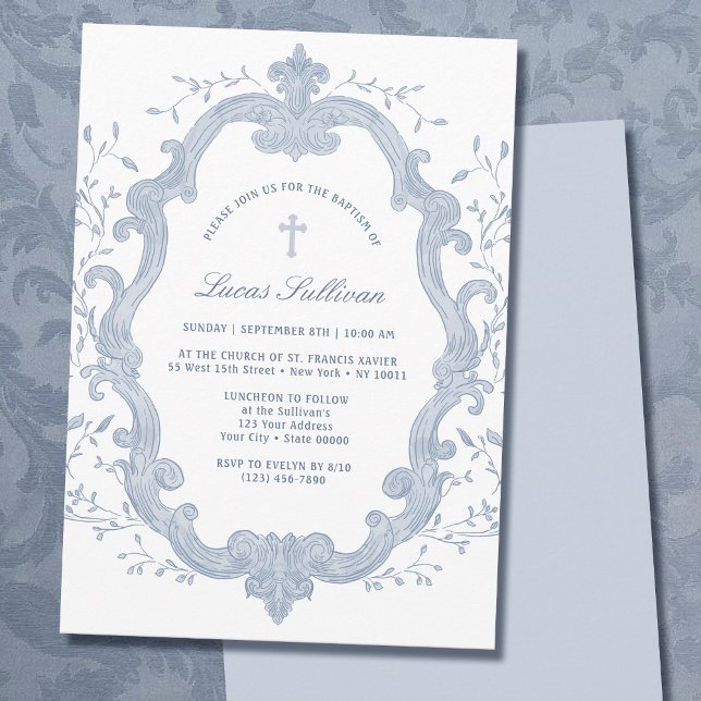 Elegante Escudo de follaje azul invitación al baut (Subido por el creador)