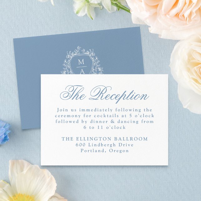 Elegante Escudo floral azul recepción de boda (Subido por el creador)