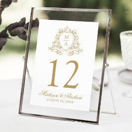 Elegante Escudo floral de oro número de mesa Boda